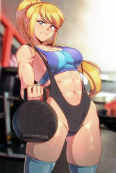 Rule 34 | 1girl, abs, blonde hair, breasts, cleavage, cowboy shot, exercise, gym, highres, kagato007, kettlebell, leotard, medium breasts, metroid, mole, mole under mouth, muscular, muscular arms, muscular female, navel, nintendo, ponytail, revealing clothes, samus aran, shiny skin, smile, solo, sports bra, standing, thick thighs, thighhighs, thighs, toned, two-tone sports bra