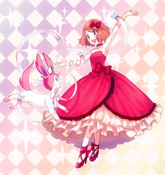 Rule 34 | 1girl, :d, alternate costume, amezawa koma, argyle, argyle background, argyle clothes, arm ribbon, arm up, armpits, bare shoulders, bow, brown hair, choker, creatures (company), dress, eye contact, footwear bow, formal, frilled dress, frills, full body, game freak, gen 6 pokemon, gloves, gown, gradient background, grey eyes, hair bow, high heels, highres, looking at another, nintendo, no socks, open mouth, outstretched arms, pale skin, petticoat, pink dress, pokemon, pokemon (anime), pokemon (creature), red footwear, ribbon, serena (pokemon), shoes, short hair, smile, standing, strapless, strapless dress, sylveon, white gloves