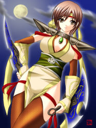 Rule 34 | 1girl, bad id, bad pixiv id, breasts, brown eyes, brown hair, choker, cleavage, collarbone, cowboy shot, full moon, gem, hand on own hip, highres, holding, holding weapon, japanese clothes, jewelry, kimono, kunai, looking at viewer, moon, nene, nene (sengoku musou), obi, pendant, sash, sengoku musou, sengoku musou 2, shishiki mikoto, solo, standing, thigh gap, weapon