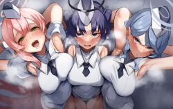 Rule 34 | 3girls, ako (blue archive), armpit cutout, armpits, arms behind head, arms up, blue archive, blue hair, blush, breasts, breath, closed mouth, clothing cutout, dress, garrison cap, green eyes, hair between eyes, hanako (blue archive), hat, heavy breathing, highres, large breasts, long hair, looking at viewer, looking away, mm (mm chair), multiple girls, necktie, open mouth, pink hair, purple hair, shirt, short hair, short sleeves, sleeveless, sleeveless dress, sleeveless shirt, steam, steaming body, sweat, take your pick, utnapishtim operator uniform (blue archive), white headwear, yuuka (blue archive)