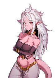 Rule 34 | 1girl, absurdres, android 21, arabian clothes, breasts, colored skin, dragon ball, dragon ball fighterz, dragonball z, harem outfit, highres, large breasts, looking at viewer, majin android 21, monster girl, navel, pink skin, pointy ears, red eyes, spiked hair, tail, white hair, zequung, zquung