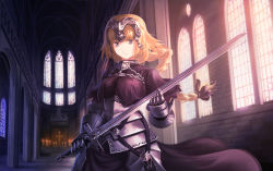 Rule 34 | 1girl, armor, armored dress, blonde hair, braid, capelet, church, day, doora (dora0913), fate/apocrypha, fate (series), gauntlets, headpiece, holding, holding sword, holding weapon, indoors, jeanne d&#039;arc (fate), jeanne d&#039;arc (ruler) (fate), long hair, purple eyes, single braid, solo, standing, sword, weapon