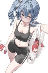 1girl absurdres alternate_costume apple_juice black_shorts black_sports_bra blue_eyes blue_hair blue_nails blush breasts cleavage collarbone hair_over_shoulder highres holding_juice_box hololive hoshimachi_suisei juice juice_box looking_up medium_hair navel sakura_miko scarlet_(wv0102) selfie shorts side_ponytail simple_background small_breasts smile solo sports_bra star_(symbol) star_in_eye stuffed_toy symbol_in_eye virtual_youtuber white_background