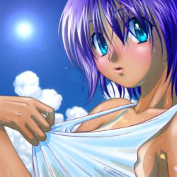 Rule 34 | 1girl, blue eyes, blush, clothes pull, cloud, day, hot, lens flare, lips, looking at viewer, original, parted lips, purple hair, shirt pull, shirt tan, short hair, sky, solo, sun, sweat, tan, tanline, upper body, ushi beef, wet