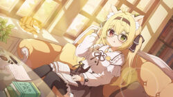 Rule 34 | 1girl, ahoge, animal, animal ear fluff, animal ears, black thighhighs, blonde hair, blush, book, book on lap, bow, brown hairband, brown ribbon, cat, chestnut mouth, coffee, coffee mug, commission, couch, cup, day, dress, dutch angle, frills, glass table, glasses, green eyes, hair bow, hair ornament, hairband, hairclip, heterochromia, highres, indoors, jewelry, long hair, long sleeves, looking at viewer, medallion, mug, necklace, nib pen (object), on couch, open mouth, original, pen, red eyes, ribbon, sidelocks, sitting, skeb commission, solo, table, thighhighs, twintails, tyakomes, variant set
