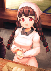 Rule 34 | 1girl, alternate costume, apron, braid, brown hair, dress, food, from above, hair scarf, head scarf, highres, indoors, kaabon meshi, kappougi, long hair, looking at viewer, open mouth, red eyes, smile, solo, touhou, twin braids, very long hair, white dress, yatadera narumi