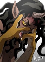 Rule 34 | 1boy, animal hands, artist name, black hair, claws, colored sclera, dark-skinned male, dark skin, demon boy, drooling, fangs, gradient background, hands on own face, hands up, hantengu (kimetsu no yaiba), highres, horns, kimetsu no yaiba, lll 123 lll, long hair, looking to the side, male focus, monster boy, nude, open mouth, original, pointy ears, saliva, saliva trail, simple background, solo, symbol-shaped pupils, tongue, tongue out, twitter username, upper body, urogi (kimetsu no yaiba), veins, white background, yellow eyes, yellow sclera