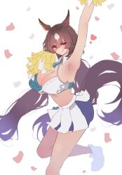 Rule 34 | 1girl, animal ears, arm up, armpits, blue archive, breasts, brown hair, character name, cleavage, commentary request, confetti, cosplay, detached collar, ear ornament, foot out of frame, hair between eyes, hibiki (blue archive), hibiki (blue archive) (cosplay), hibiki (cheer squad) (blue archive), highres, holding, holding pom poms, horse ears, horse girl, horse tail, large breasts, long hair, looking at viewer, midriff, mmm (mmm623), multicolored hair, pleated skirt, pom pom (cheerleading), pom poms, red eyes, sirius symboli (umamusume), skirt, smile, solo, streaked hair, tail, umamusume, very long hair, white hair