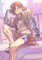 Rule 34 | 1girl, arm support, brown eyes, brown hair, commentary request, foot out of frame, grate, grey footwear, grey jacket, hand up, highres, higuchi madoka, idolmaster, idolmaster shiny colors, jacket, knee up, legs, long sleeves, looking at viewer, midriff, mole, mole under eye, otsudou, outdoors, parted lips, pastel colors, pink sky, ponytail, railing, red eyes, shoes, short hair, short ponytail, sitting, skirt, sky, skyline, sleeves past wrists, sneakers, solo