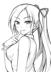 Rule 34 | 1girl, bad id, bad pixiv id, casual, greyscale, long hair, monochrome, original, peach88, ponytail, tongue, tongue out