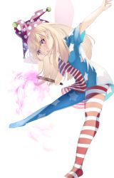 Rule 34 | 1girl, :o, american flag legwear, american flag print, american flag shirt, arms up, bad id, bad pixiv id, blonde hair, breasts, cacao devil, clownpiece, commentary request, fairy wings, hat, highres, holding, holding torch, jester cap, leaning forward, leaning to the side, legs apart, long hair, looking at viewer, outstretched arms, pantyhose, polka dot headwear, print shirt, red eyes, short sleeves, simple background, small breasts, solo, spread arms, standing, standing on one leg, torch, touhou, very long hair, white background, wings