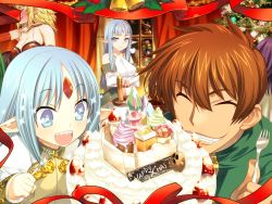 Rule 34 | 1boy, 3girls, alkanese rize, bare shoulders, blonde hair, blue eyes, blue hair, blush, breast hold, breasts, brown hair, cake, christmas, christmas tree, cleavage, crossed arms, detached sleeves, dress, elf, father and daughter, food, forehead jewel, fork, grin, haniwa (statue), hanny, kalar (race), mother and daughter, multiple girls, orion (orionproject), pastel kalar, pointy ears, rance, rance (series), rance quest, rance quest magnum, reset kalar, sharp teeth, smile, sparkle, teeth, thunder claus