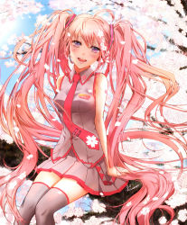 Rule 34 | 1girl, cherry blossoms, hatsune miku, headset, highres, in tree, kin&#039;usagi, long hair, name connection, necktie, object namesake, pink hair, sakura miku, sitting, sitting in tree, skirt, solo, thighhighs, tree, twintails, very long hair, vocaloid