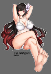 Rule 34 | 00s, 1girl, arm behind head, armpits, arms up, bare shoulders, barefoot, black hair, bra, breasts, collarbone, dungeon and fighter, epomeno, feet, female focus, flower, full body, grey background, hair ornament, highres, large breasts, legs, crossed legs, long hair, panties, red eyes, red hair, simple background, sitting, soles, solo, toes, underwear, very long hair, wavy hair, white panties