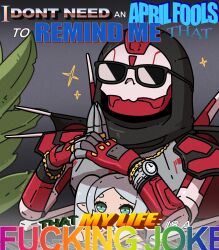 Rule 34 | 1boy, apex legends, bracelet, character doll, commentary, english commentary, frieren, frown, highres, humanoid robot, jewelry, microsoft office, miyan (oceanmaiden), own hands together, plant, revenant (apex legends), robot, sitting, sousou no frieren, sunglasses, watch, wordart, wristwatch