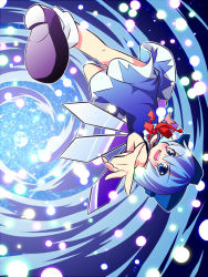 Rule 34 | 1girl, ascot, blue eyes, blue hair, bow, cirno, dress, gojuuroku, hair bow, isoroku (gojuuroku), matching hair/eyes, open mouth, outstretched hand, perspective, smile, solo, spiral, touhou, wings