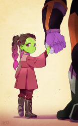 Rule 34 | 1boy, 1girl, aged down, animification, avengers: infinity war, avengers (series), black footwear, boots, braid, brown background, brown footwear, brown hair, che (cyan crown), child, closed mouth, colored skin, commentary, dated, dress, english commentary, facial mark, father and daughter, fingernails, from behind, full body, gamora, gradient background, gradient hair, green skin, highres, holding hands, knee boots, long hair, long sleeves, looking at viewer, looking back, marvel, marvel cinematic universe, multicolored hair, out of frame, pants, pink eyes, pink hair, pleated dress, purple skin, red dress, red pants, short dress, signature, solo focus, spoilers, standing, tareme, thanos, twin braids, vambraces, walking, yellow background