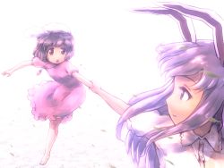Rule 34 | 2girls, animal ears, barefoot, breasts, brown hair, carrot necklace, commentary request, dress, full body, grass, holding hands, inaba tewi, jewelry, leaf, long hair, looking at another, multiple girls, necklace, open mouth, pink dress, profile, puffy short sleeves, puffy sleeves, purple hair, rabbit ears, red eyes, reisen udongein inaba, running, shirosato, shirt, short hair, short sleeves, sidelocks, small breasts, touhou, upper body, white background, white shirt, wing collar