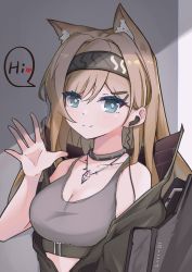 Rule 34 | 1girl, animal ears, arknights, bare shoulders, black jacket, blonde hair, blue eyes, commentary request, crop top, grey choker, grey hairband, hair ornament, hairband, hairclip, hand up, horn (arknights), jacket, jewelry, long hair, looking at viewer, pendant, shui tian yise, smile, solo, speech bubble, sports bra, upper body, wolf ears