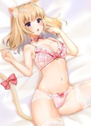 Rule 34 | 1girl, animal ears, bare arms, bare shoulders, bed sheet, blonde hair, bow, bow bra, bow panties, bra, breasts, cat ears, cat girl, cat tail, choker, cleavage, commentary request, fang, groin, hands up, katsushika pachi, lace, lace-trimmed legwear, lace-trimmed panties, lace trim, looking at viewer, lying, medium breasts, navel, neck ribbon, on back, open mouth, original, panties, pink bra, pink panties, purple eyes, red bow, red choker, red ribbon, ribbon, solo, tail, tail bow, tail ornament, tail raised, thighhighs, underwear, underwear only, white thighhighs