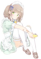 Rule 34 | 1girl, absurdres, apron, ass, bandaged arm, bandages, blue ribbon, blunt bangs, brown footwear, brown hair, cellphone, commentary, dress, frilled apron, frilled dress, frills, full body, green dress, green eyes, green nails, hair ribbon, highres, holding, holding phone, loafers, maid, maid headdress, maigoyaki, nail polish, original, phone, ribbon, shoes, short hair, short sleeves, simple background, solo, symbol-only commentary, thighhighs, two side up, white background, white headwear, white thighhighs