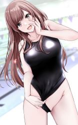 Rule 34 | 1girl, absurdres, bangs, bare arms, bare shoulders, black swimsuit, blurry, blurry background, breasts, brown eyes, brown hair, collarbone, commentary, commentary request, cowboy shot, eyebrows visible through hair, highres, idolmaster, idolmaster shiny colors, large breasts, looking at viewer, one-piece swimsuit, osaki amana, open mouth, pool, shohei (piranha5hk), smile, swimsuit, thighs