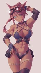 Rule 34 | 1girl, abs, absurdres, animal, arm behind head, arm up, bare shoulders, black thighhighs, blue gloves, breasts, cleavage, collarbone, commission, crop top, dark-skinned female, dark skin, detached sleeves, facial mark, final fantasy, final fantasy xiv, fingerless gloves, gloves, gluteal fold, goggles, goggles on head, green eyes, heterochromia, highres, long hair, medium breasts, miqo&#039;te, muscular, muscular female, ponytail, pouch, red eyes, red hair, solo, standing, thigh gap, thigh strap, thighhighs, warrior of light (ff14), whisker markings, zhvo
