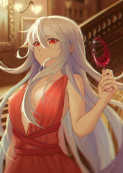 Rule 34 | 1girl, absurdres, alcohol, alternate costume, arknights, bare shoulders, breasts, cangxi, chinese commentary, closed mouth, collarbone, commentary, cup, dress, drinking glass, formal, hair between eyes, hand up, highres, holding, holding cup, huge filesize, indoors, long hair, looking at viewer, medium breasts, no bra, red dress, red eyes, silver hair, skadi (arknights), solo, upper body, very long hair, wine, wine glass