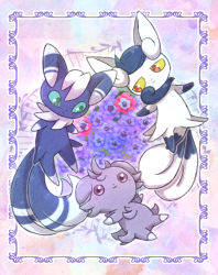 Rule 34 | anemone (flower), blush, closed mouth, commentary request, creatures (company), espurr, evolutionary line, flower, framed, game freak, gen 6 pokemon, green eyes, kotobukkii (yt lvlv), looking down, meowstic, meowstic (female), meowstic (male), nintendo, no humans, pokemon, pokemon (creature), smile