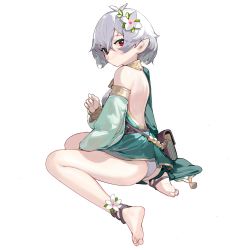 Rule 34 | 1girl, absurdres, ass, backless dress, backless outfit, bag, barefoot, breasts, closed mouth, commentary request, detached sleeves, dress, elf, feet, flower, from side, full body, gold trim, green dress, green sleeves, grey hair, hair between eyes, hair flower, hair ornament, highres, kokkoro (princess connect!), legs, looking at viewer, looking to the side, medium breasts, medium hair, panties, pantyshot, pointy ears, princess connect!, prossss, red eyes, shoulder bag, sidelocks, simple background, sitting, sleeveless, sleeveless dress, smile, soles, solo, thighs, toes, underwear, wariza, white background, white flower, white panties