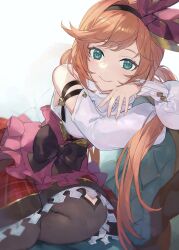 Rule 34 | 1girl, arm support, brown pantyhose, chair, clarisse (granblue fantasy), clarisse (valentine) (granblue fantasy), commentary, detached sleeves, granblue fantasy, green eyes, highres, long hair, looking at viewer, official alternate costume, on chair, orange hair, pantyhose, plaid, plaid skirt, red skirt, shiromimin, simple background, sitting, skirt, smile, solo, twintails, white background, white sleeves