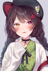 Rule 34 | 1girl, animal ears, beret, black ribbon, blush, braid, brown hair, collar, commentary request, dog ears, fangs, fuji fujino, grey background, hair ornament, hat, heterochromia, highres, inui toko, long hair, long sleeves, looking at viewer, neck ribbon, nijisanji, parted lips, red eyes, ribbon, simple background, solo, twin braids, upper body, virtual youtuber, yellow eyes