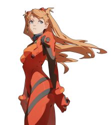 Rule 34 | blue eyes, bodysuit, bracer, breasts, commentary, cowboy shot, english commentary, felix thirasat, floating hair, from below, high collar, highres, interface headset, long hair, multicolored bodysuit, multicolored clothes, neon genesis evangelion, orange hair, parted lips, pilot suit, plugsuit, red bodysuit, small breasts, souryuu asuka langley, swept bangs, two side up, white background