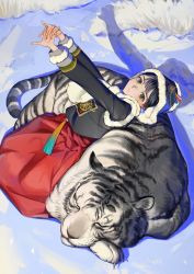 Rule 34 | 1girl, absurdres, black hair, closed mouth, commentary, day, from above, fur trim, green eyes, highres, interlocked fingers, long sleeves, looking at viewer, lying, original, outdoors, shadow, sleeping, smile, snow, solo, stretching, tiger, winter clothes, zzom b