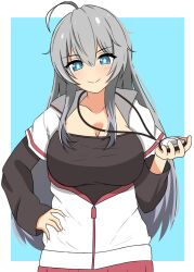 Rule 34 | 1girl, absurdres, ahoge, blue eyes, blush, breasts, bright pupils, commission, grey hair, hand on own hip, highres, jacket, large breasts, looking at viewer, original, pixiv commission, puchimosu (mosu1427), smile, solo, track jacket, track suit, umamusume, white pupils