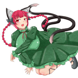Rule 34 | 1girl, :d, animal ears, braid, cat ears, cat tail, fang, highres, himenomikan, kaenbyou rin, looking at viewer, multiple tails, nekomata, open mouth, red eyes, red hair, simple background, skin fang, smile, solo, tail, touhou, twin braids, white background