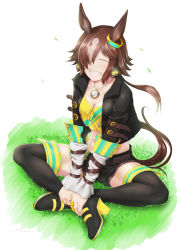 Rule 34 | 1girl, :d, animal ears, belt, black footwear, black jacket, black shorts, boots, breasts, brown hair, cleavage, closed eyes, full body, grass, grin, hair over one eye, highres, horse ears, horse girl, horse tail, indian style, jacket, kawajuu, long hair, long sleeves, open mouth, ponytail, shirt, shorts, simple background, sitting, smile, solo, stopwatch, stopwatch around neck, tail, teeth, thigh boots, umamusume, vodka (umamusume), white background, yellow shirt