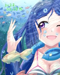 Rule 34 | 1girl, 2022, ;), afloat, air bubble, artist name, artist request, bikini, bikini top only, bikini under clothes, blue bikini, blue bodysuit, blue hair, blush, bodysuit, bow, bow bikini, breasts, bubble, center opening, cleavage, close-up, collarbone, diving, diving suit, female focus, fish, floating hair, freediving, front-tie bikini top, front-tie top, hair between eyes, halterneck, high ponytail, highres, long hair, looking at viewer, love live!, love live! school idol festival, love live! sunshine!!, matsuura kanan, medium breasts, nail, nail polish, ocean, one eye closed, open bodysuit, open clothes, parted lips, pink nails, ponytail, purple eyes, seafloor, smile, solo, string bikini, striped bikini, striped bikini top, striped clothes, swimsuit, underwater, unzipped, upper body, wetsuit, white bikini, wink, zipper, zipper pull tab
