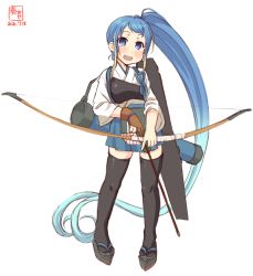 Rule 34 | 1girl, absurdly long hair, arrow (projectile), artist logo, black thighhighs, blue eyes, blue hair, blue hakama, bow (weapon), brown gloves, commentary request, cosplay, dated, flight deck, geta, gloves, gradient hair, hakama, hakama short skirt, hakama skirt, highres, japanese clothes, kaga (kancolle), kanon (kurogane knights), kantai collection, long hair, looking at viewer, multicolored hair, muneate, okobo, one-hour drawing challenge, partially fingerless gloves, partly fingerless gloves, quiver, samidare (kancolle), sandals, side ponytail, simple background, single glove, skirt, solo, swept bangs, tasuki, thighhighs, very long hair, weapon, white background, yugake, yumi (bow)