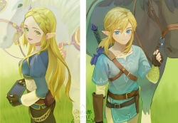 Rule 34 | 1boy, 1girl, animal, belt, blonde hair, blue eyes, blue shirt, blue tunic, brown gloves, brown pants, fingerless gloves, gloves, grass, green eyes, hair ornament, hairclip, highres, holding, horse, link, long hair, long sleeves, multiple belts, nintendo, open mouth, outdoors, pants, phina (jinahou), pointy ears, princess zelda, sheikah slate, shirt, sword, the legend of zelda, the legend of zelda: breath of the wild, thick eyebrows, weapon, weapon on back, white horse