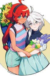 Rule 34 | 2girls, :3, ahoge, arm around waist, backpack, bag, blush, bouquet, casual, couple, dark-skinned female, dark skin, female focus, flower, grey hair, gundam, gundam suisei no majo, hairband, highres, holding, holding bouquet, hug, jewelry, long skirt, looking at viewer, miorine rembran, multiple girls, official alternate costume, ponytail, red hair, ring, skirt, smile, suletta mercury, sunflower, thick eyebrows, umihal, wedding ring, wife and wife, yuri