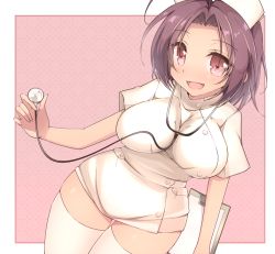 Rule 34 | 1girl, :d, blush, breasts, clipboard, hat, idolmaster, idolmaster (classic), impossible clothes, large breasts, miura azusa, nurse, nurse cap, open mouth, pink eyes, purple hair, short hair, smile, solo, stethoscope, thighhighs, van-s, white thighhighs, zettai ryouiki