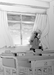 2girls chair classroom commentary_request curtains desk greyscale highres jacket kiss long_hair long_sleeves monochrome multiple_girls original pleated_skirt school_chair school_desk school_uniform skirt take2807noko window yuri