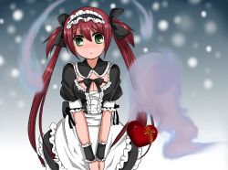 Rule 34 | 1girl, airi (queen&#039;s blade), airi (queen's blade), airi (the infernal temptress), bad id, bad pixiv id, blush, bow, breasts, cleavage, female focus, ghost, gradient background, green eyes, hair ribbon, heart, long hair, maid, maid headdress, oshouyu, queen&#039;s blade, red hair, ribbon, small breasts, solo, twintails, valentine, wrist cuffs