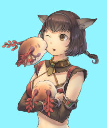 Rule 34 | 1girl, animal ear fluff, animal ears, artist name, adventurer (ff11), black hairband, blue hair, breasts, brown hair, brown pupils, brown sleeves, cactus41747280, cat ears, cat girl, detached sleeves, final fantasy, final fantasy xi, floating hair, hairband, highres, holding, leech, light blue hair, long sleeves, low ponytail, medium breasts, mithra (ff11), one eye closed, open mouth, short hair, solo