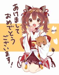 Rule 34 | 1girl, 2019, animal, animal ears, boar, brown eyes, brown hair, detached sleeves, fang, flower, food, full body, hair ribbon, hand up, highres, holding, holding animal, holding food, japanese clothes, kneeling, long sleeves, nifu, obi, open mouth, original, petals, pig ears, pig girl, pig tail, red flower, red ribbon, red skirt, ribbon, sandals, sash, skirt, socks, solo, tabi, tail, translation request, twintails, two-tone background, white background, white socks, wide sleeves, yellow background, zouri