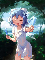 Rule 34 | 1girl, ^ ^, adapted costume, alternate costume, blue eyes, blue hair, bow, bra strap, cirno, closed eyes, cowboy shot, day, dress, dripping, closed eyes, facing viewer, fang, food, forest, giving, hair bow, hair ornament, hairclip, highres, ice, ice wings, langbazi, matching hair/eyes, nature, open mouth, outdoors, popsicle, see-through, short hair, short sleeves, smile, solo, touhou, wet, wet clothes, white dress, wings