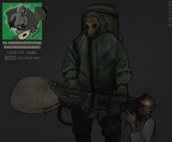 Rule 34 | 2boys, absurdres, artist name, black background, black pants, blood, borrowed character, brown gloves, character name, cowboy shot, english text, facing viewer, gas mask, gloves, grey hoodie, grey jacket, highres, holding, holding weapon, hood, hoodie, jacket, mask, multiple boys, neytirix, original, pants, simple background, weapon