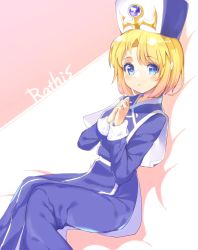 Rule 34 | 1girl, absurdres, blonde hair, blue eyes, capelet, closed mouth, commentary request, copyright request, dress, habit, hat, highres, kawasumi (tk2k jade), long dress, long sleeves, looking at viewer, purple capelet, purple dress, short hair, sitting, solo