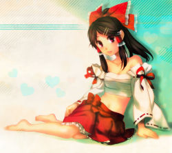 Rule 34 | 1girl, bare shoulders, barefoot, bow, brown hair, collarbone, detached sleeves, female focus, frilled skirt, frills, hair bow, hair ornament, hairclip, hakurei reimu, heart, kayako (tdxxxk), long hair, looking at viewer, midriff, parted lips, pink eyes, sarashi, sitting, skirt, solo, touhou